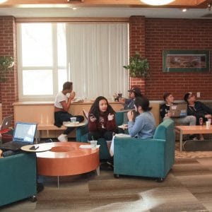 Allen Hall Lobby with students on laptops