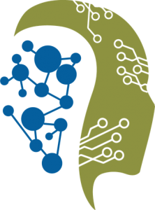 A profile of a head that is brandished with a connected, dotted network looks to the right and backwards revealing a blue connected, dotted network on the backside of the grraphic.