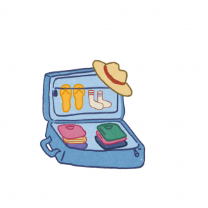 suitcase with clothing, shoes and hat.