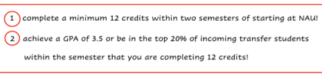 1. complete a minimum 12 credits within two semester of starting at NAU!, 2. achieve a GPA of 3.5 or be in the top 20% of incoming transfer students within the semester you are completing 12 credits!