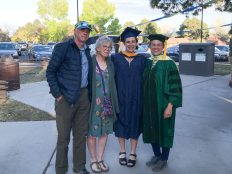 Caroline at her hooding ceremony. From left: Caroline’s parents (Cathy and Chris Mende), Caroline, and Caroline’s advisor Dr. Melissa Liebert.
