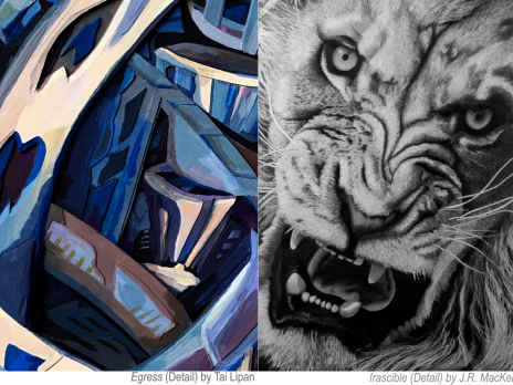 Details of two artworks. “Egess,” (left) a blue, dynamic abstract painting, and “Irascribal,” (right) a grayscale drawing of a Lion head