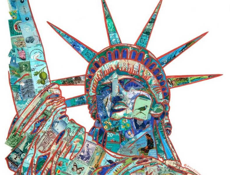 The head shoulder and uplifted arm of the statue of liberty made of recycled world stamps and acrylic on paper