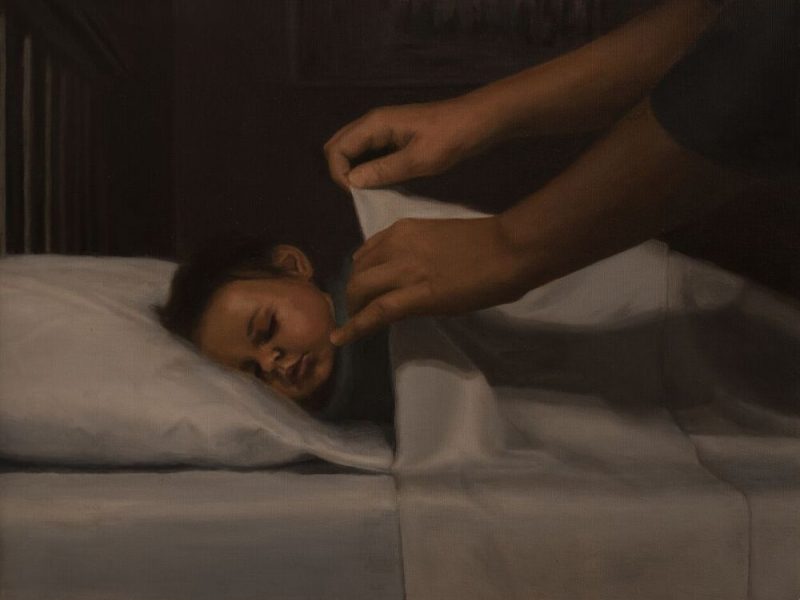 Painting of a pair of hands tucking a child into bed