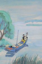 Illustration sketch in gouache ofMan in Boat with an instrument.