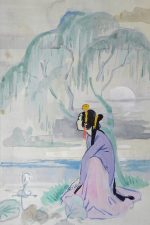 Illustration sketch in gouache of woman sitting under tree