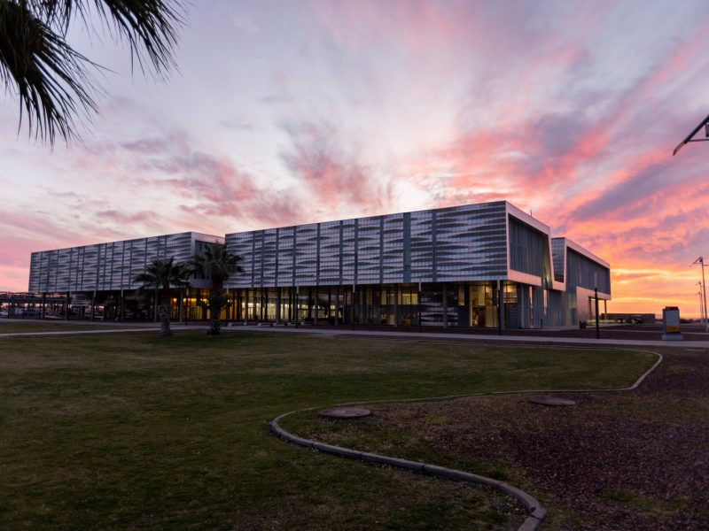 N A U–Yuma building at sunset.