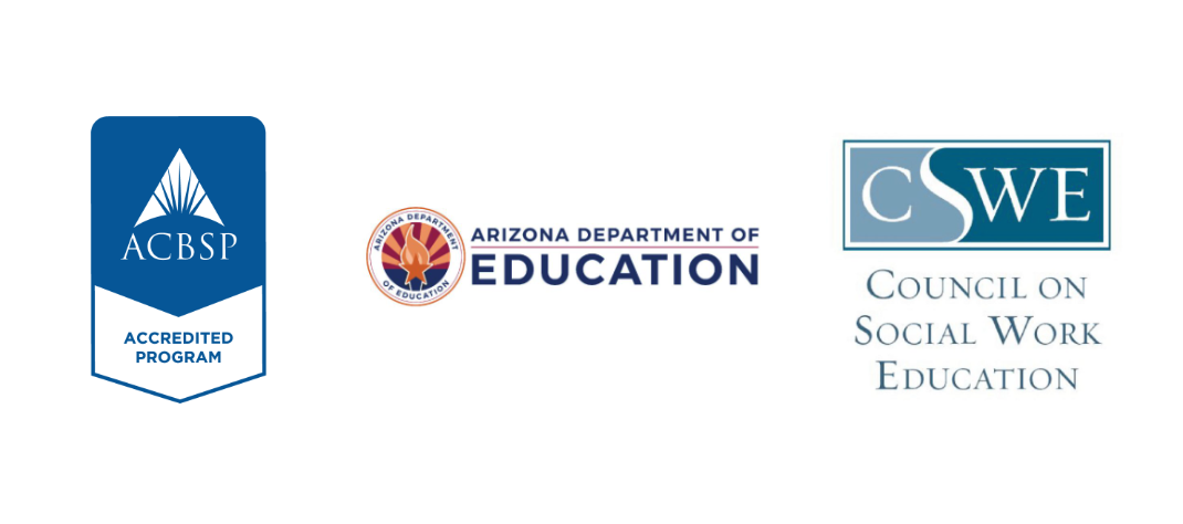 Logos of N A U–Yuma accreditations: C S W E, A C B S P, and the A Z Dep of Education